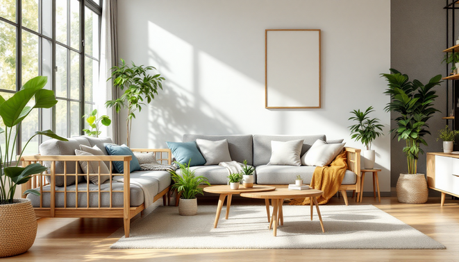 phong khach hien dai voi sofa go tu nhien dem vai xam nhat