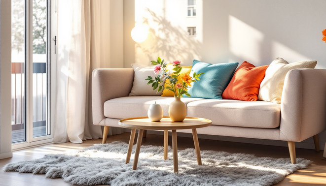 Can ho hien dai voi sofa bang mau trung tinh va ban go