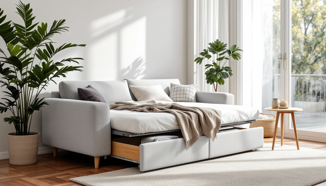 sofa giuong vang xam nhe trang tri hien dai trong phong khach nho