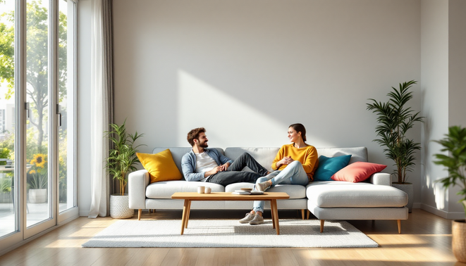 phong khach can ho nho hien dai vo chong tre ngoi sofa bang xam