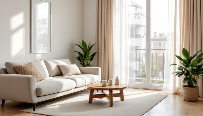 Phòng khách căn hộ nhỏ với sofa trung tính và bàn trà gỗ tròn