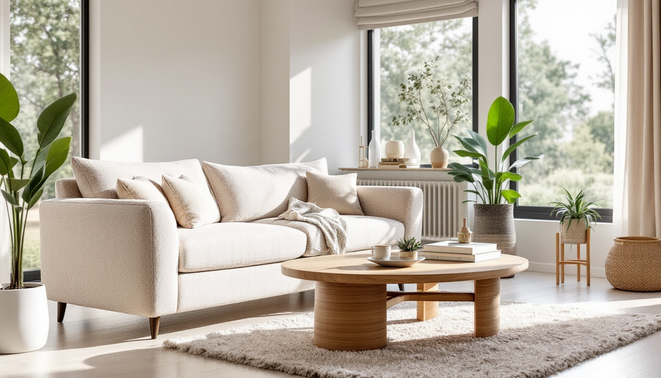 Phong khach hien dai voi sofa boc vai boucle mau kem va ban tra go