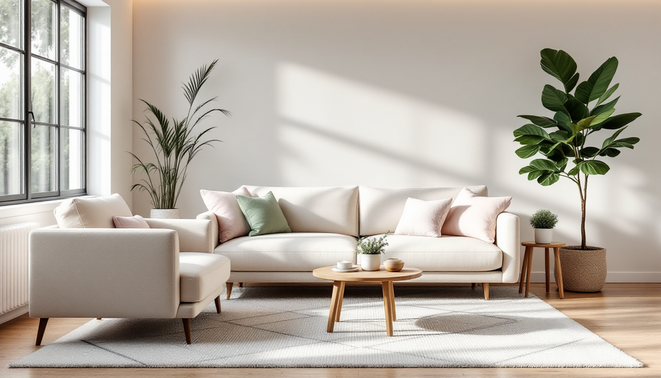 Phòng khách hiện đại sofa be thảm len họa tiết hình học bàn trà gỗ