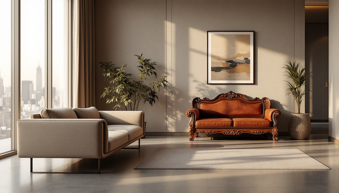 phong khach hien dai voi sofa vai beige va ban ghe go tinh te