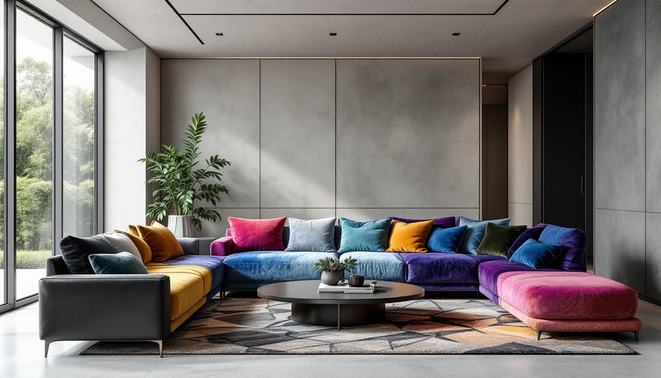 phong khach hien dai voi sofa da sang trong va sofa vai am cung