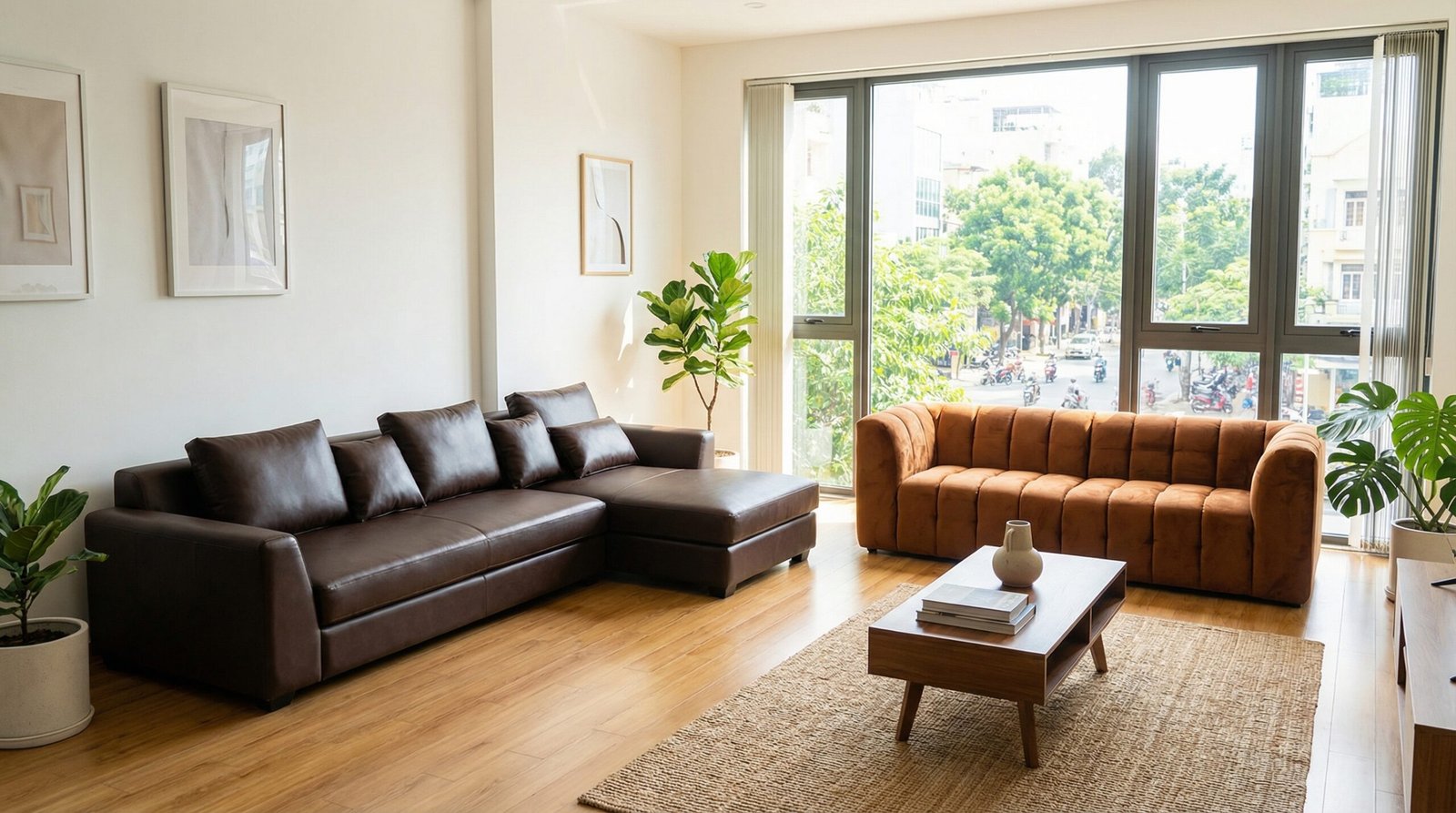 So sánh sofa da và sofa vải trong phòng khách hiện đại tại TPHCM