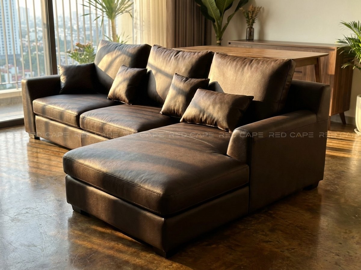 Sofa da công nghiệp màu nâu trong phòng khách hiện đại
