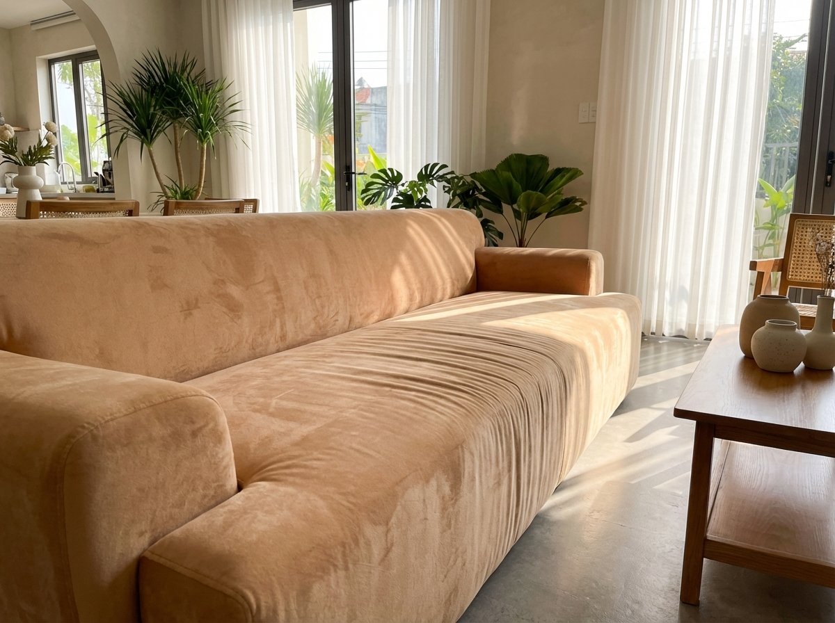 Sofa vải nhung màu be trong phòng khách thoáng mát