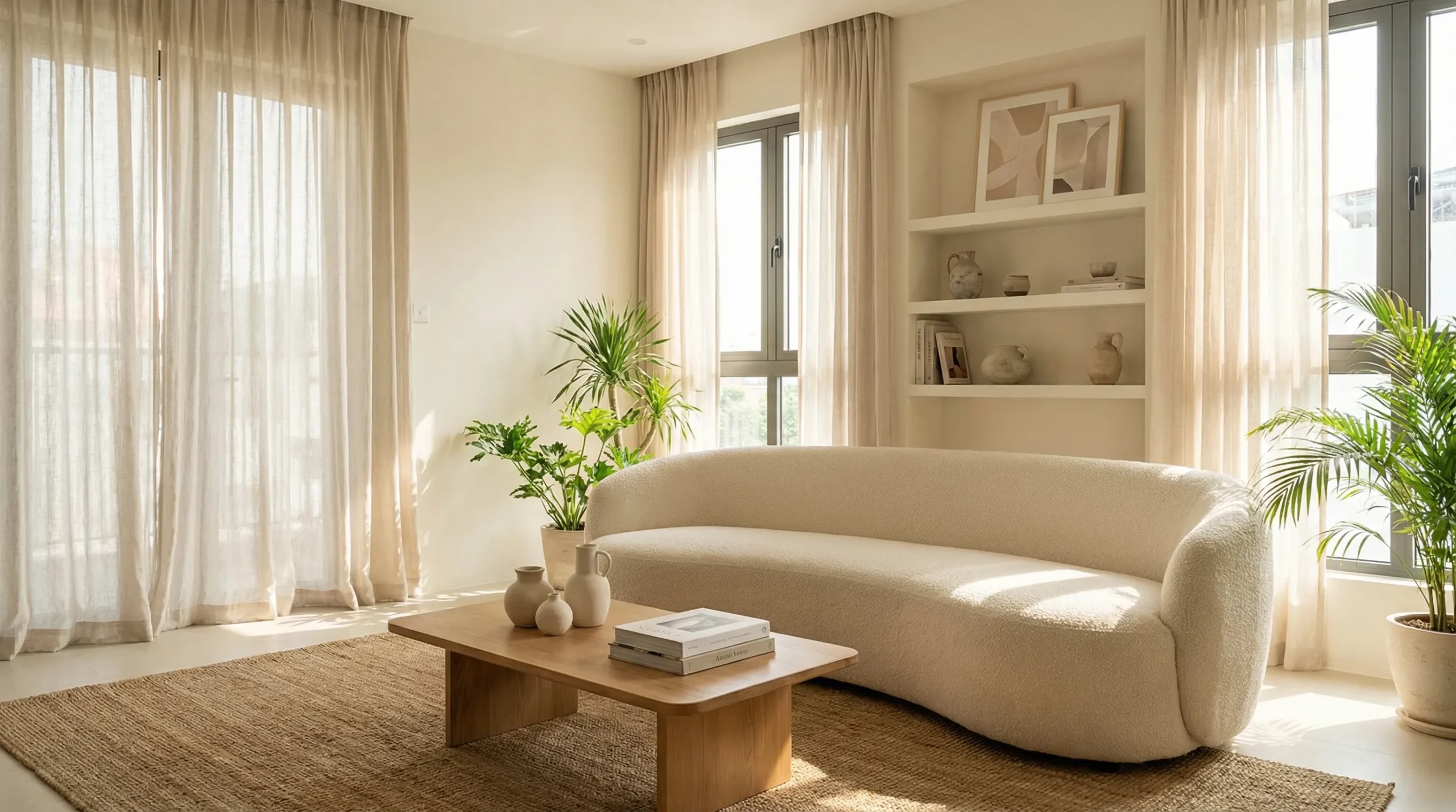 Sofa vải boucle màu kem đặt trong phòng khách phong cách tối giản ấm tại TP. Hồ Chí Minh