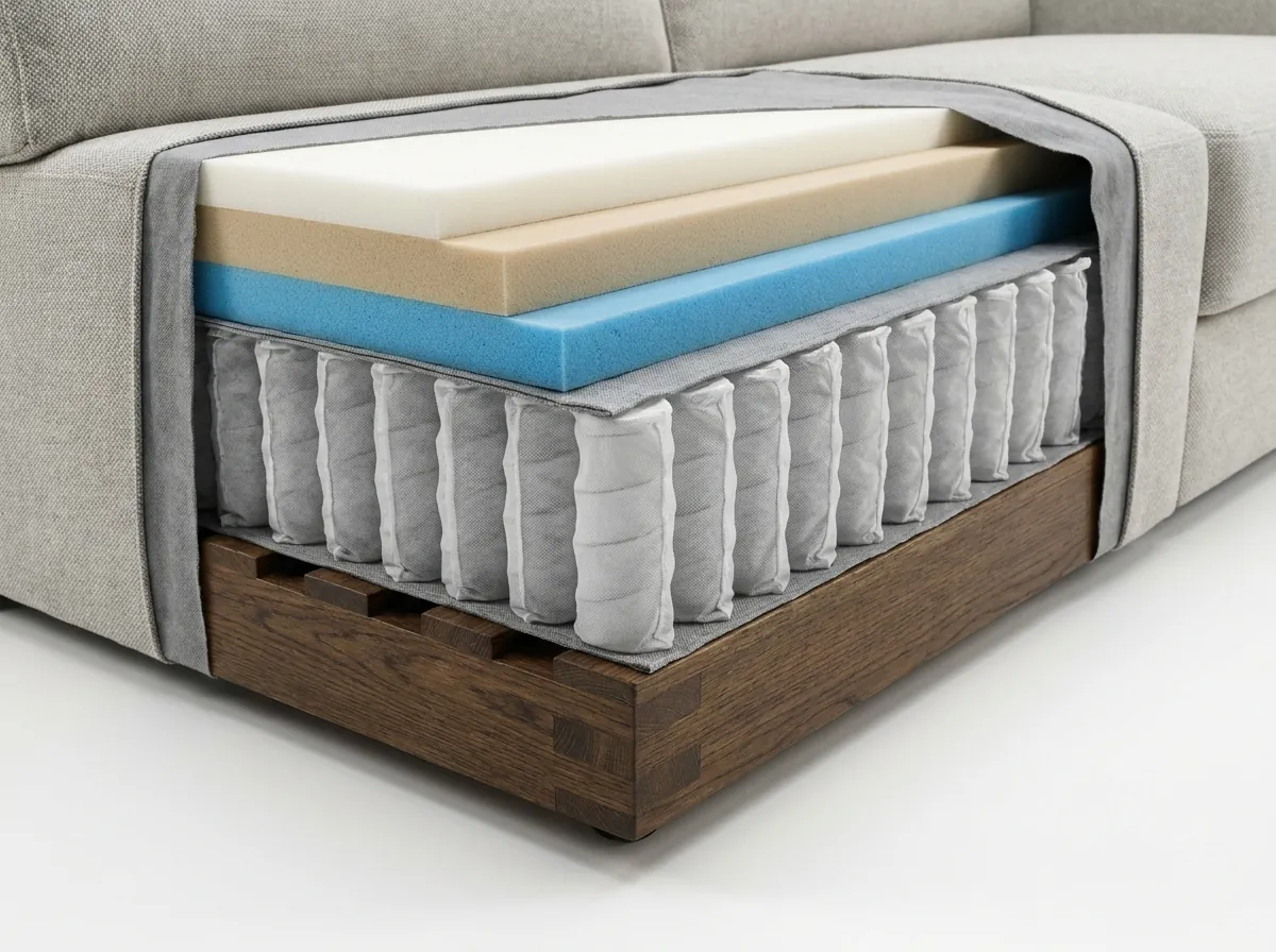 cấu tạo bên trong sofa khung gỗ tần bì đệm mút D40 và túi lò xo độc lập