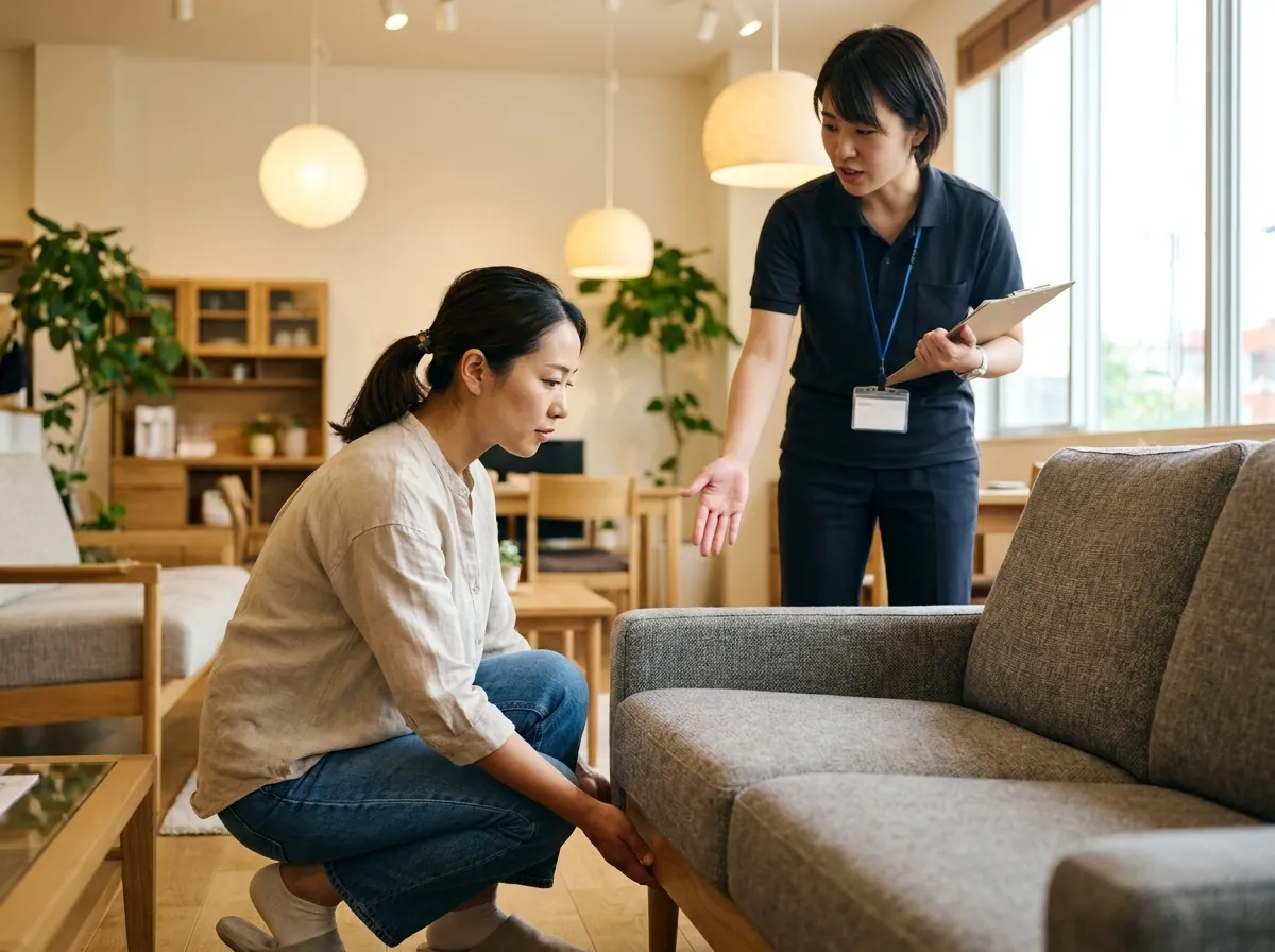 khách hàng nhấc góc sofa kiểm tra khung gỗ tại showroom sofa ở TPHCM