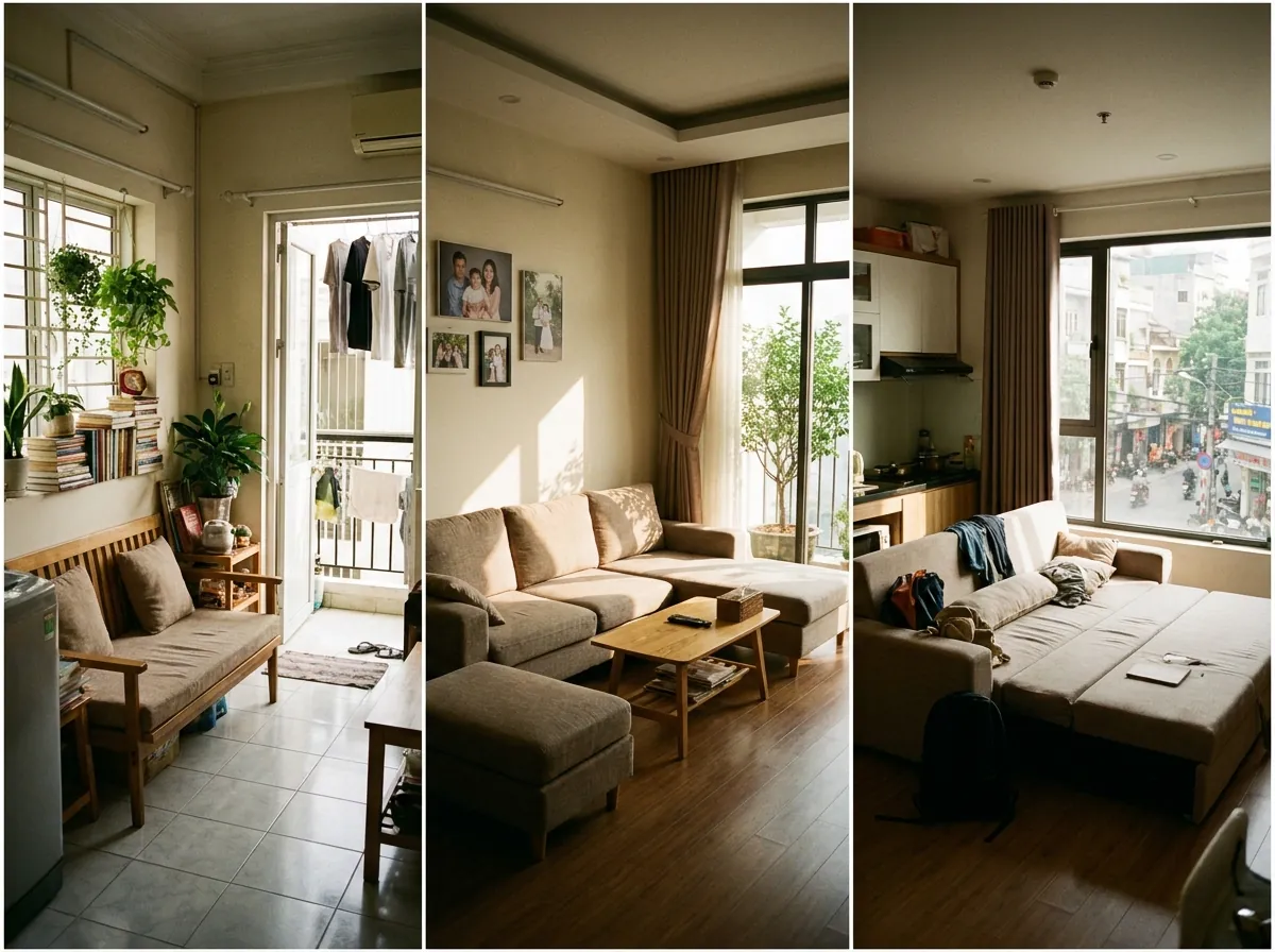 so sánh sofa băng, sofa góc L và sofa giường trong ba không gian phòng khách khác nhau