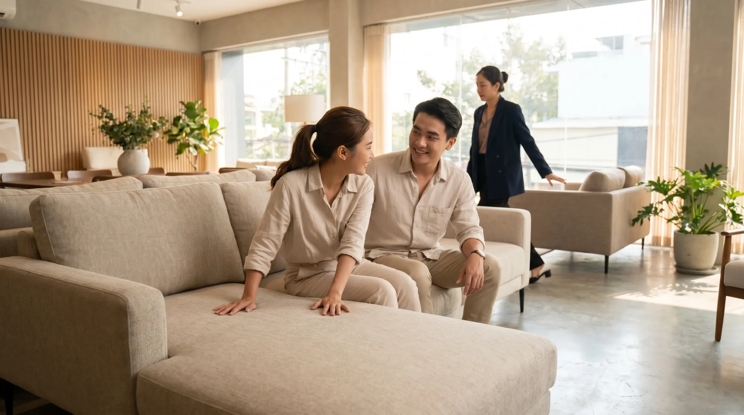 cặp đôi trẻ ngồi thử sofa vải tại showroom ở TPHCM trước khi mua