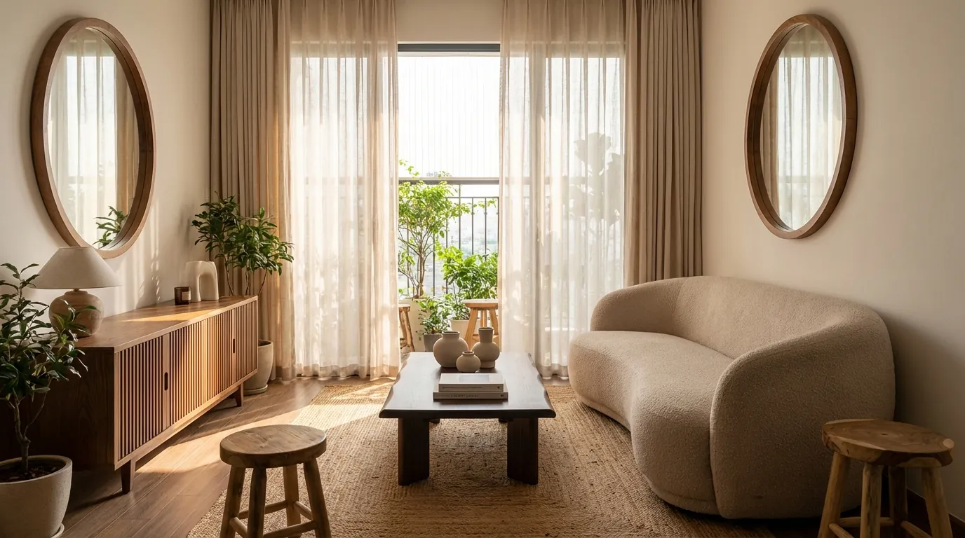 Sofa boucle màu be phối phòng khách phong cách Warm Minimalism