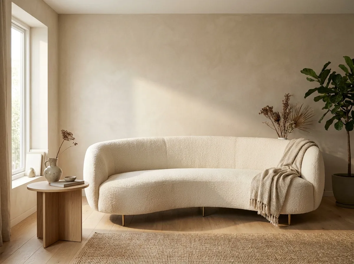 Sofa cong dáng hạt đậu màu kem bằng vải boucle, xu hướng nội thất 2026 trong phòng khách hiện đại