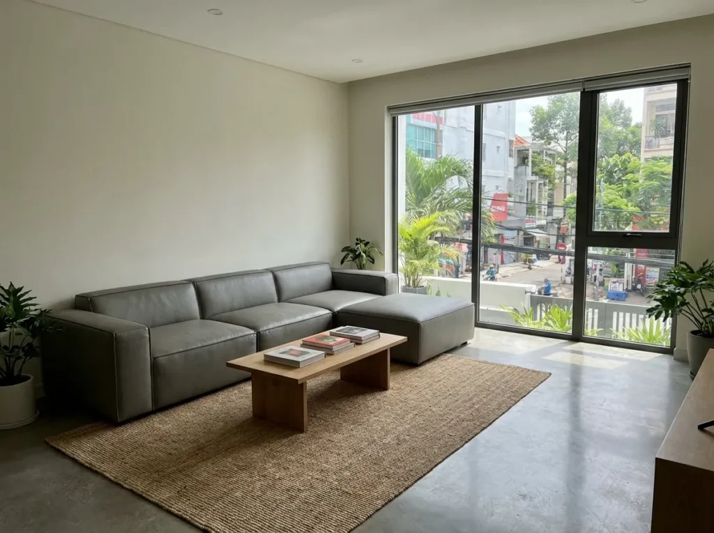 "sofa da công nghiệp màu xám trong phòng khách hiện đại tối giản"