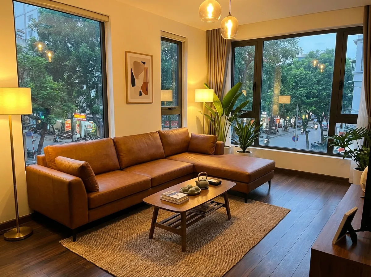 sofa góc da công nghiệp màu nâu trong phòng khách căn hộ TPHCM