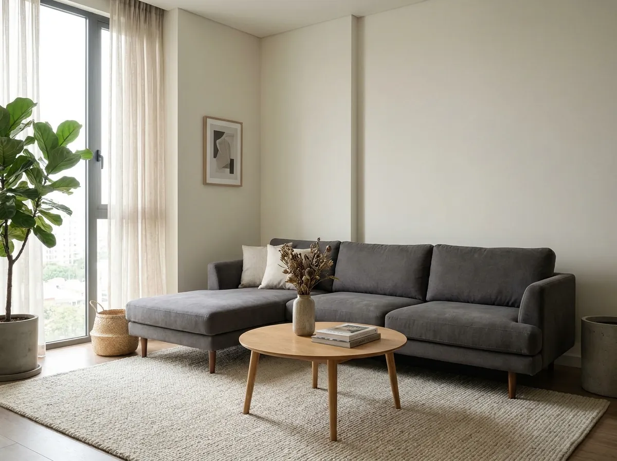 Sofa góc chữ L hiện đại màu xám than đặt sát tường trong phòng khách chung cư hiện đại