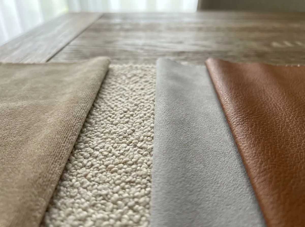 Bốn chất liệu sofa hiện đại phổ biến: vải nhung kem, vải boucle, vải microfiber xám và da simili nâu
