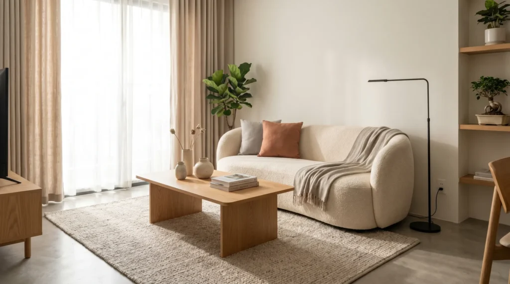 Phòng khách chung cư hiện đại với sofa băng màu kem, bàn trà gỗ sồi và đèn sàn tối giản