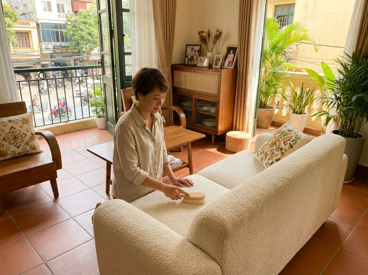 Vệ sinh sofa vải boucle đúng cách bằng bàn chải mềm