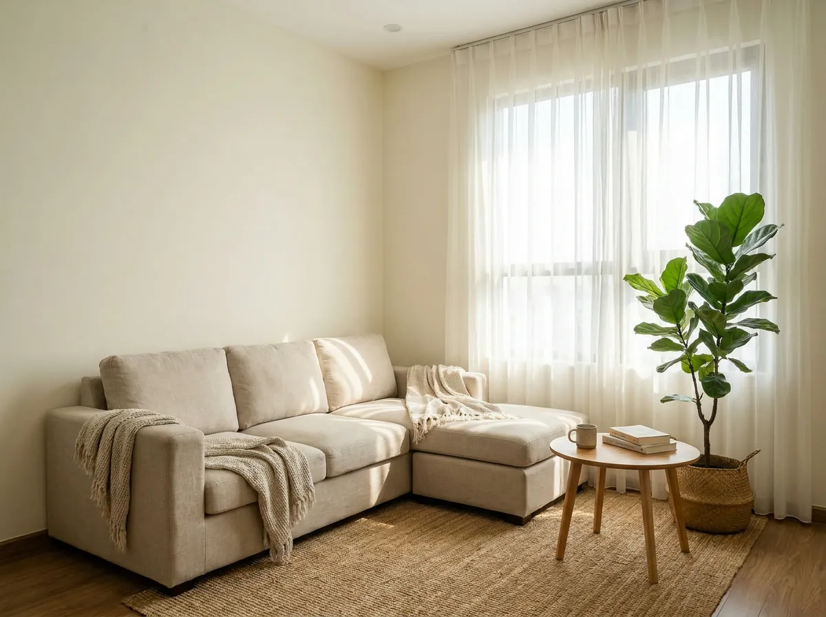 Sofa tông trung tính làm phòng khách chung cư trông rộng hơn