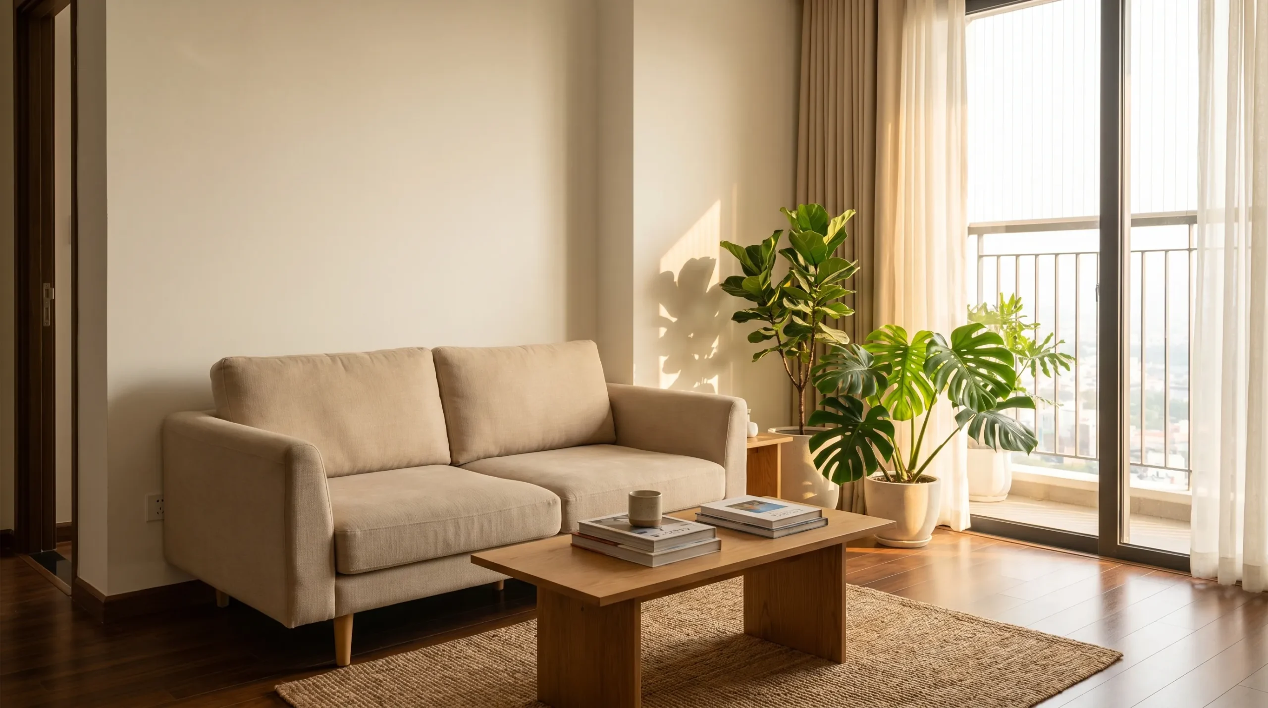 Sofa văng tông kem trong phòng khách chung cư nhỏ tại TPHCM