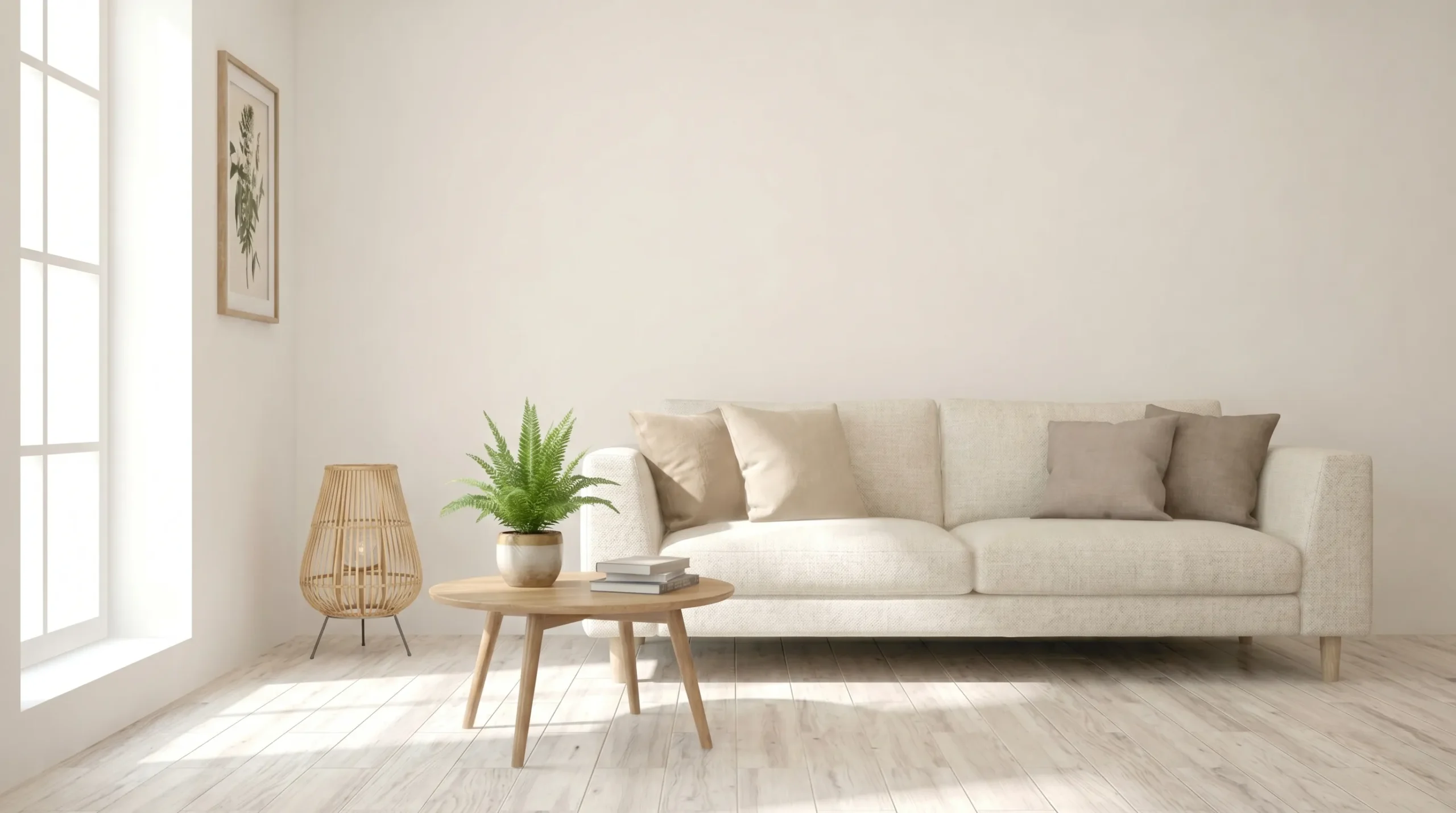 Sofa màu kem đặt sát tường trong phòng khách TPHCM theo phong thủy