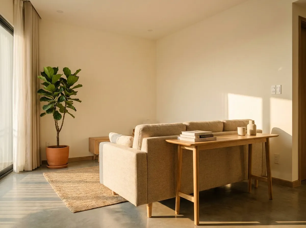 Bàn console phía sau sofa làm tựa giả trong căn hộ chung cư