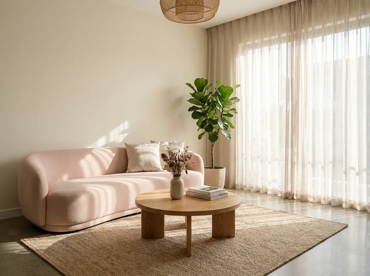 Sofa hồng phấn phối với bàn gỗ tự nhiên và thảm be — công thức không bị sến
