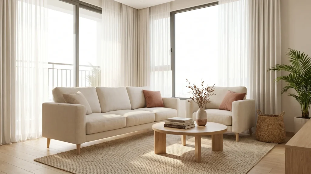 Phối hợp sofa kem và thảm trải sàn màu be trong phòng khách căn hộ TPHCM