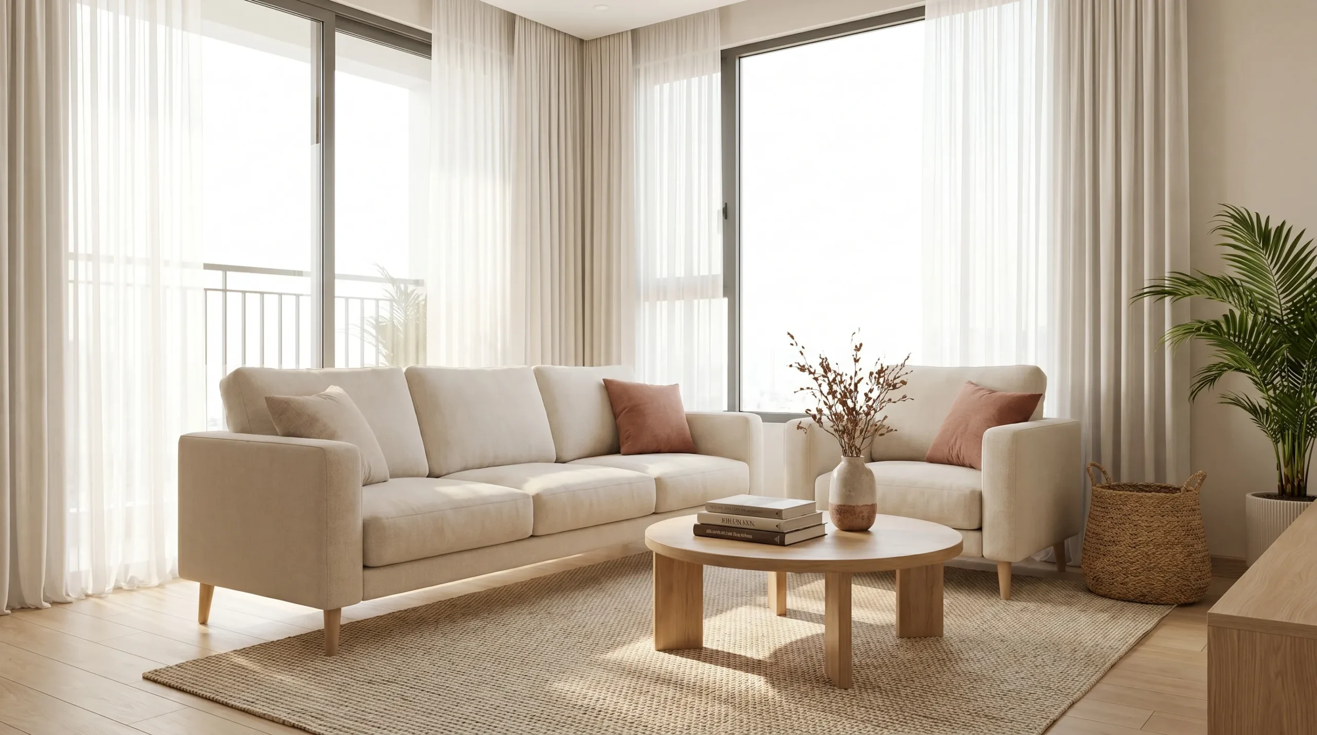 Phối hợp sofa kem và thảm trải sàn màu be trong phòng khách căn hộ TPHCM