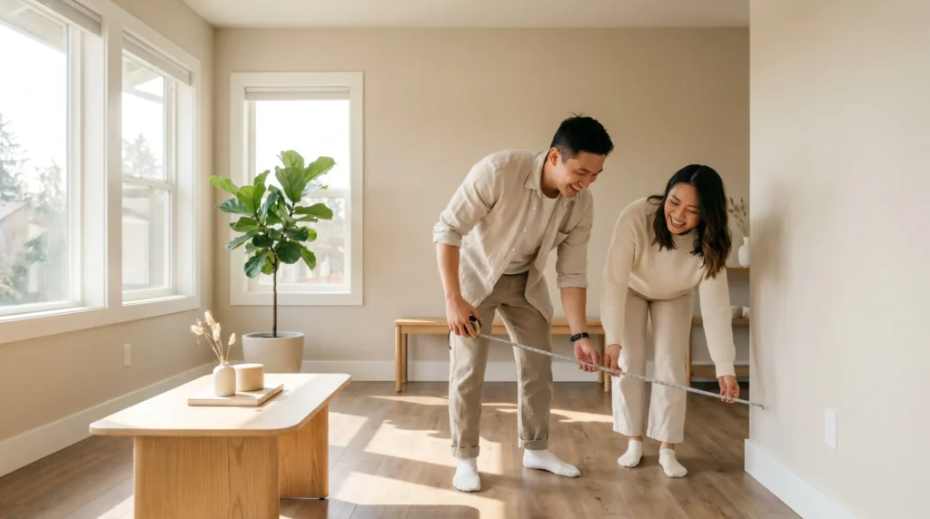 Cặp đôi trẻ đo phòng khách căn hộ đầu tiên để chọn sofa phù hợp tại TPHCM