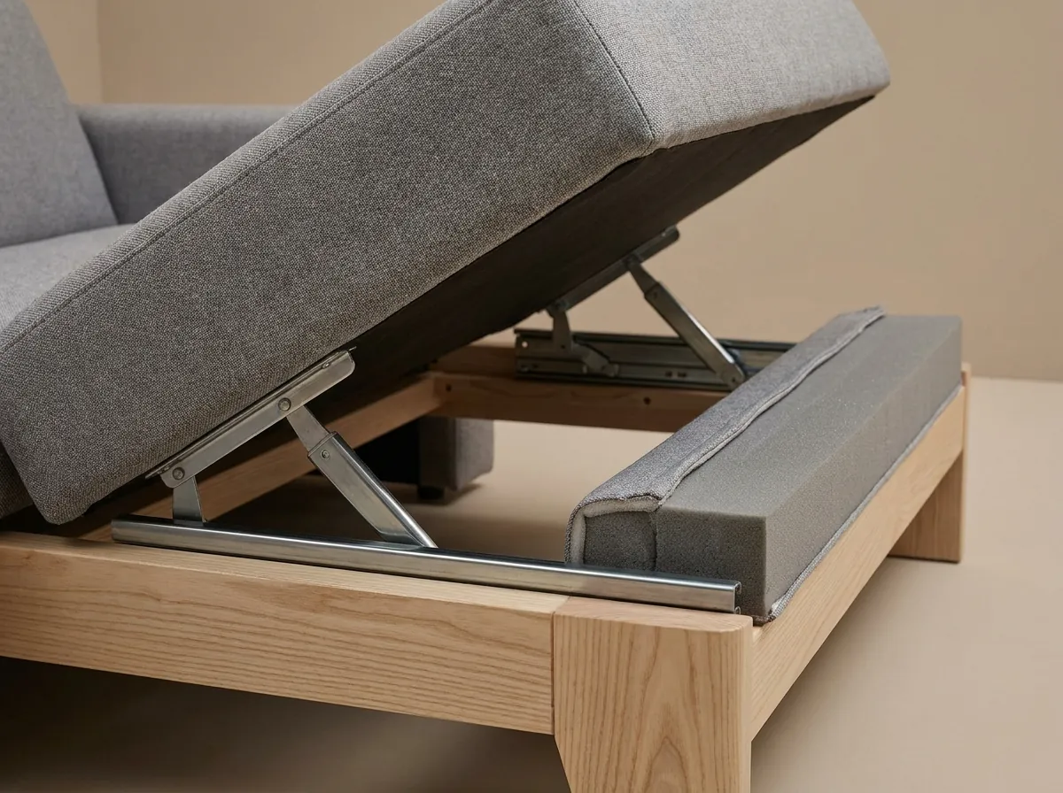 Cận cảnh khung gỗ tần bì và ray trượt thép của sofa giường đa năng