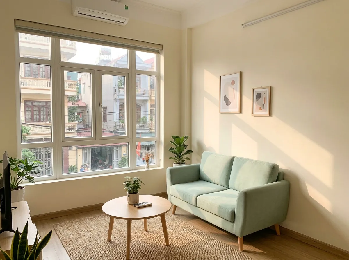 Sofa xanh mint trong căn hộ chung cư 18m² phản chiếu ánh sáng tự nhiên