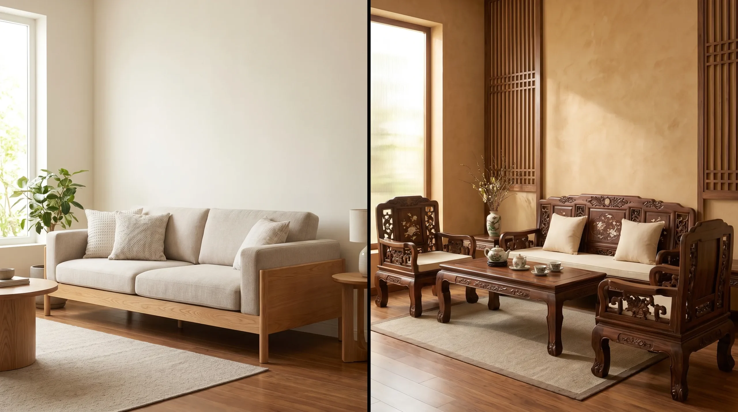 So sánh sofa bọc và bàn ghế gỗ cho phòng khách căn hộ tại TPHCM