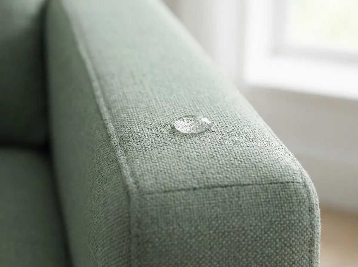 Vải performance fabric chống thấm trên sofa sage xanh — giọt nước trượt khỏi bề mặt