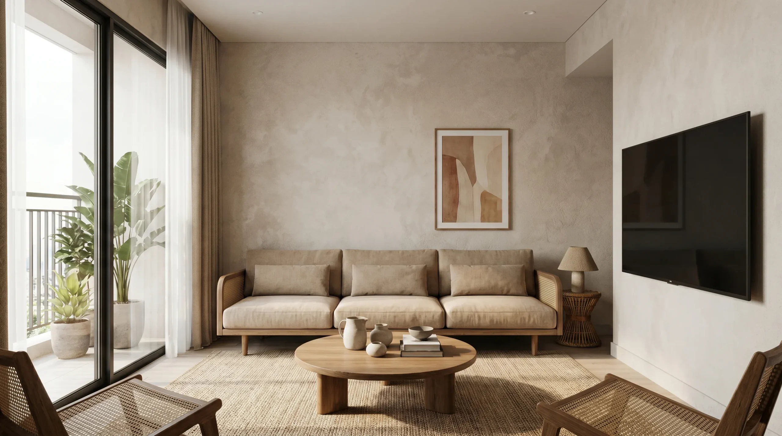 Phòng khách hiện đại tại TPHCM với sofa băng kích thước cân đối, bàn trà và tivi bố trí hợp lý