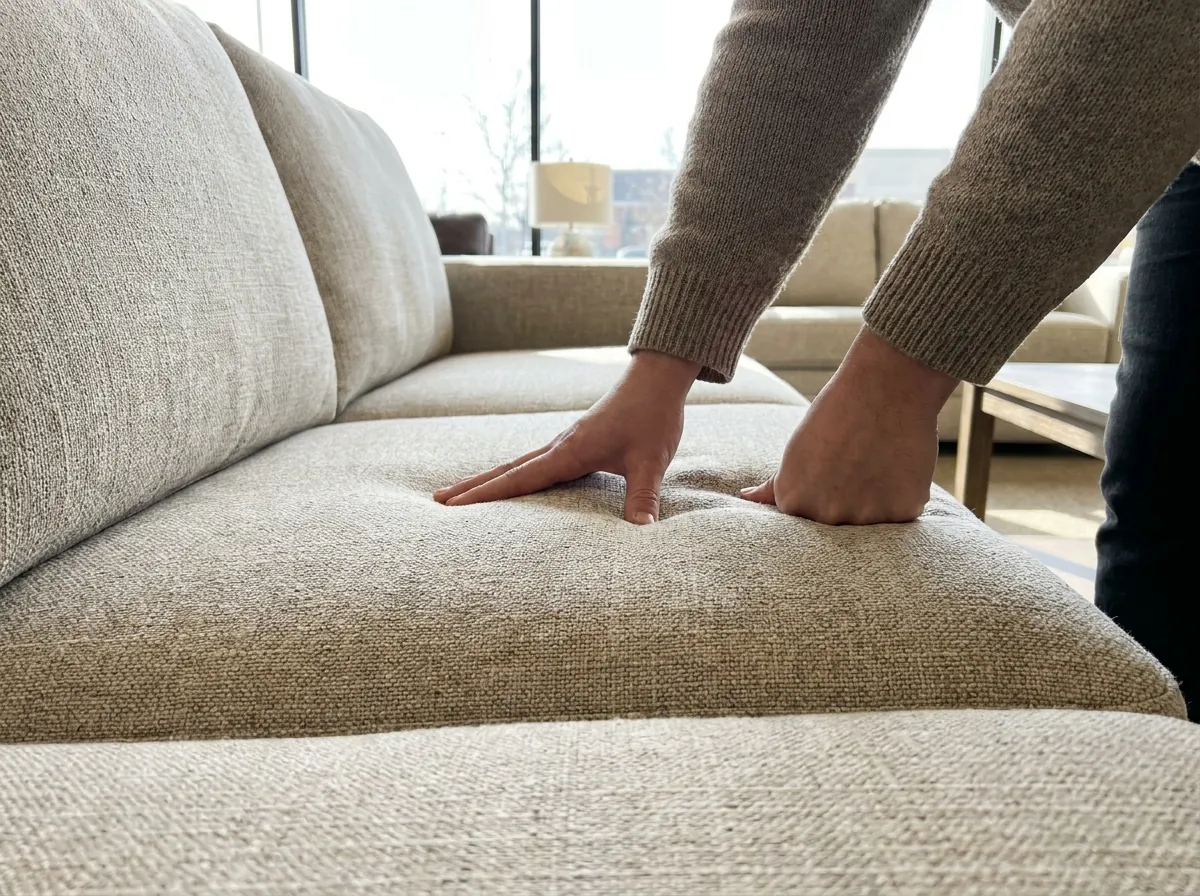 Bàn tay ấn thử đệm mút sofa để kiểm tra độ đàn hồi tại showroom