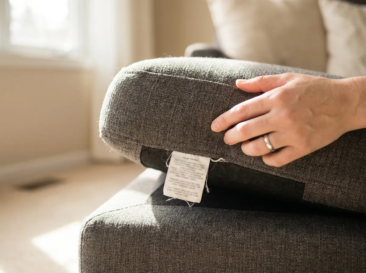 Kiểm tra ký hiệu chăm sóc dưới đệm ngồi sofa vải trước khi vệ sinh