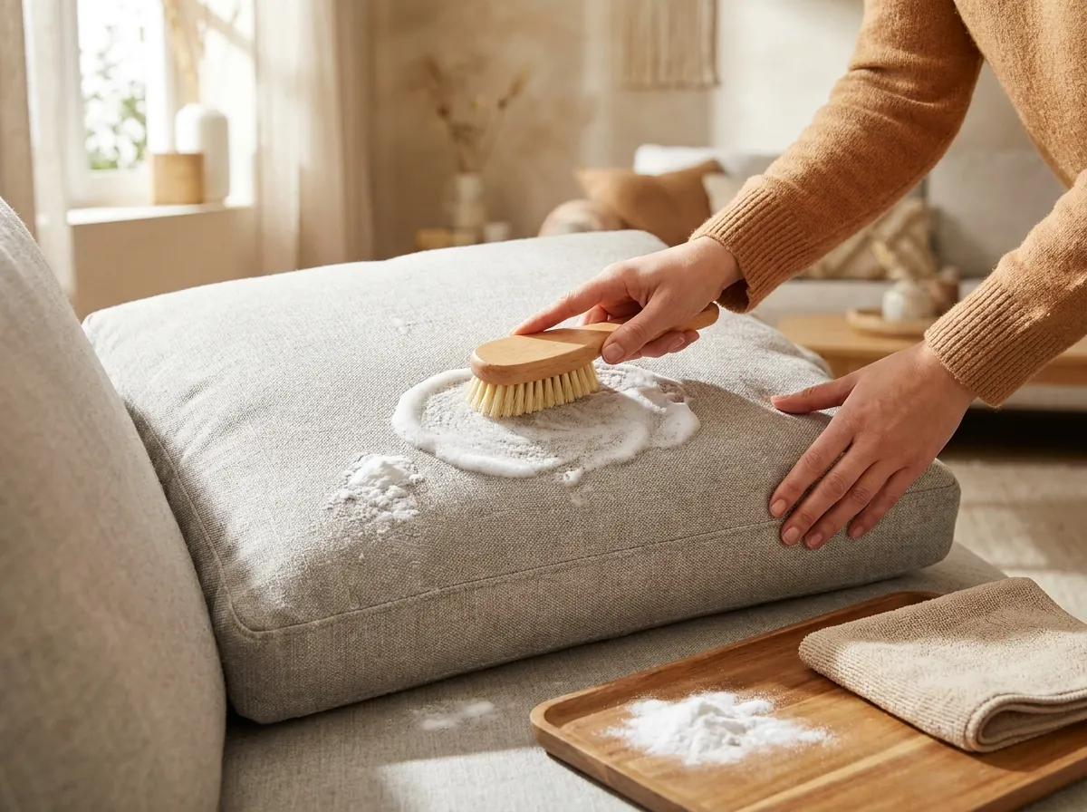 Chà bọt vệ sinh lên đệm sofa vải bằng bàn chải lông mềm