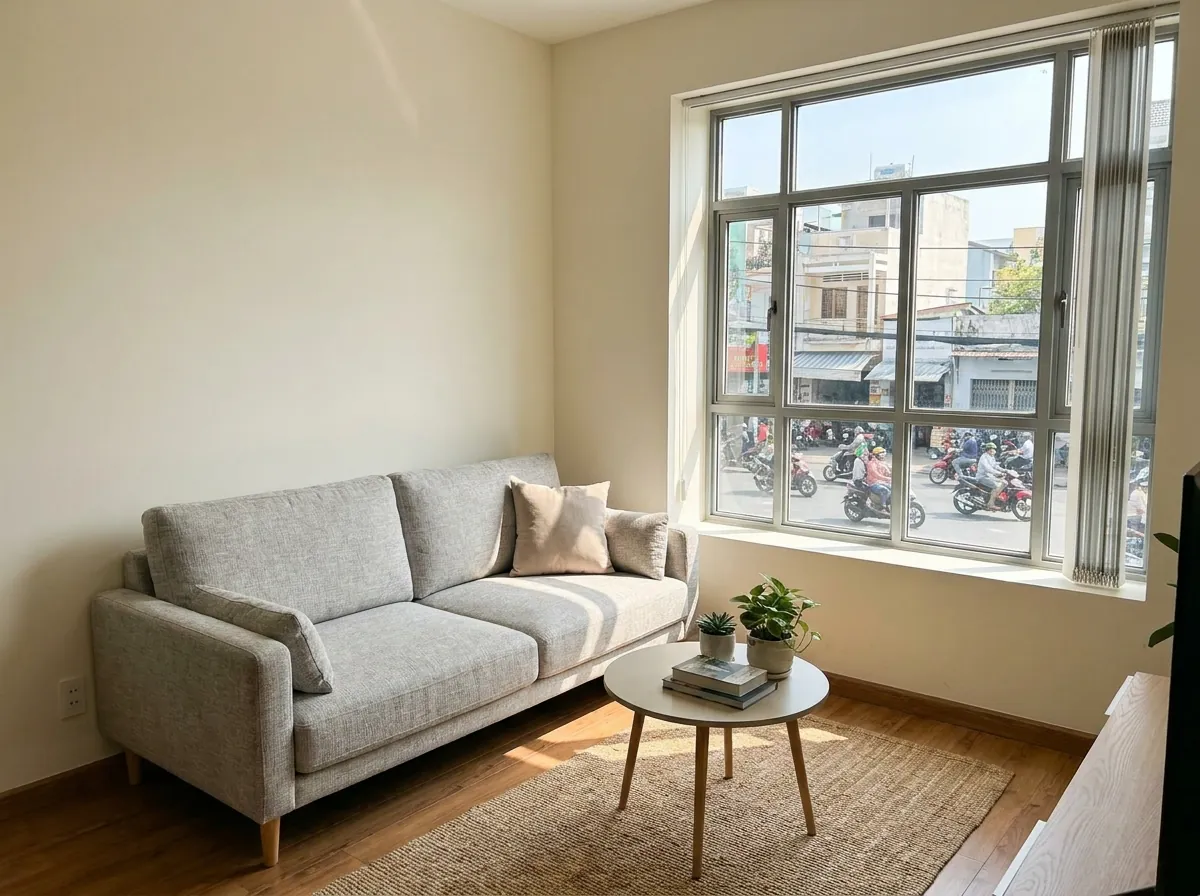 Sofa vải đặt vừa vặn trong phòng khách căn hộ nhỏ tại TPHCM