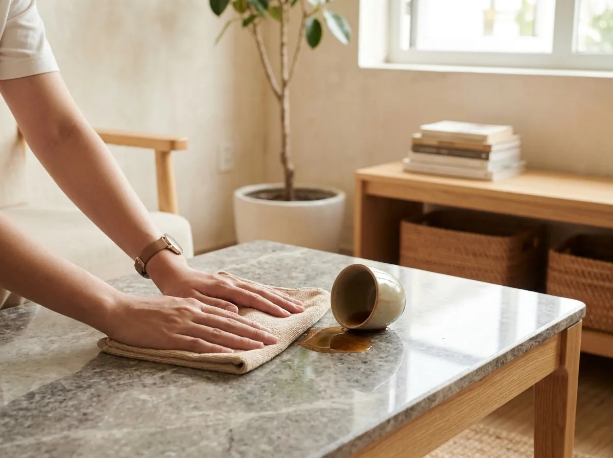 Lau sạch ngay vết đổ trên mặt bàn trà đá để tránh ố