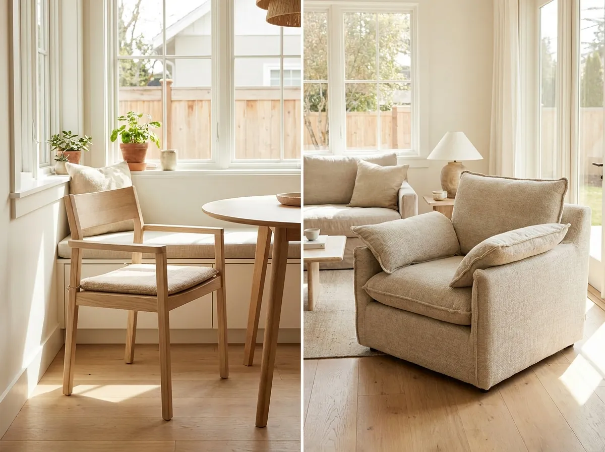 So sánh ghế bành phòng ăn khung trần và ghế bành phòng khách bọc đệm dày