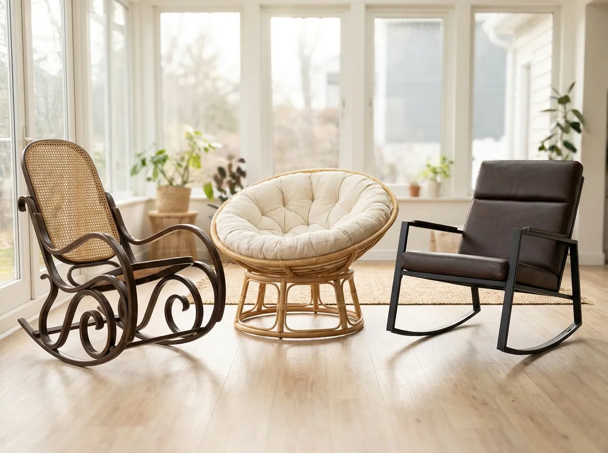 Ba loại ghế lười bập bênh phổ biến: khung gỗ, mây tự nhiên kiểu Papasan và khung kim loại bọc da