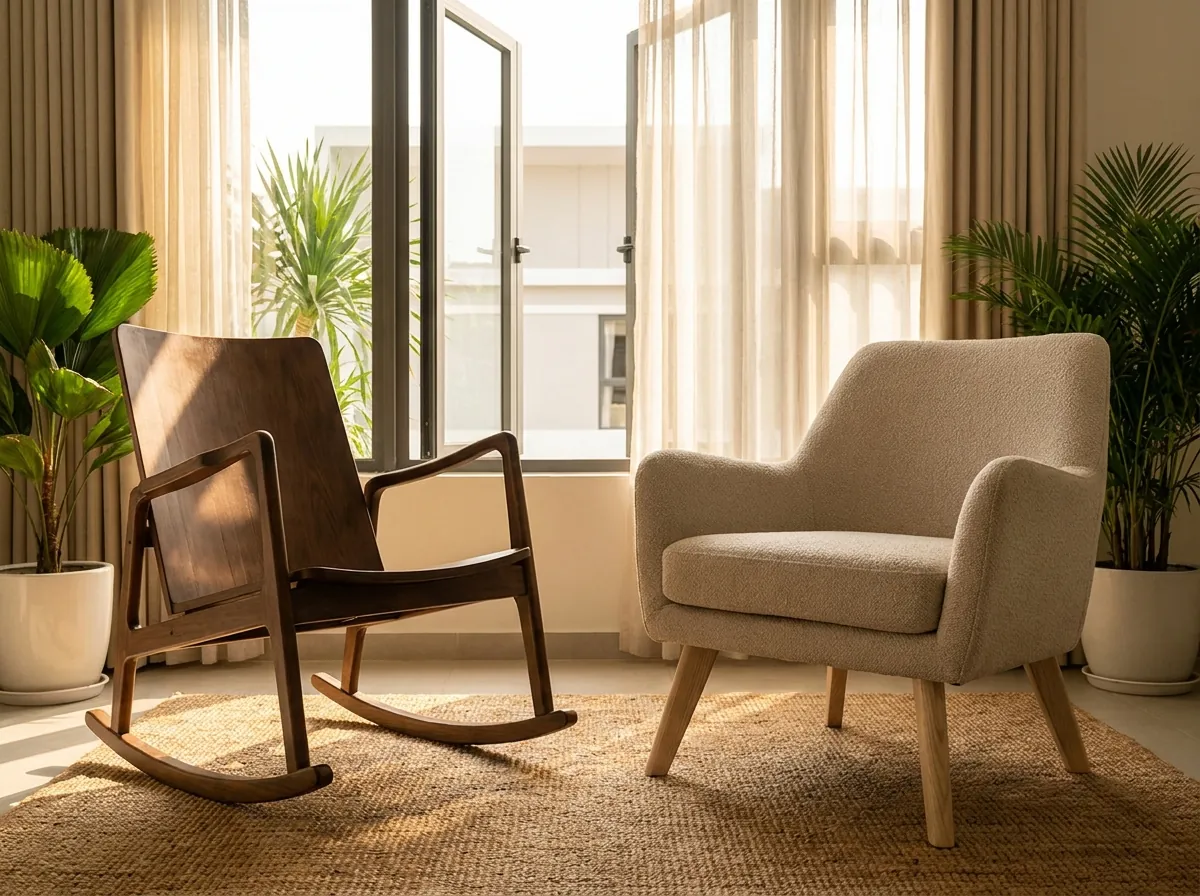 So sánh ghế lười bập bênh có chân đế cong và ghế sofa đơn khung gỗ đứng yên