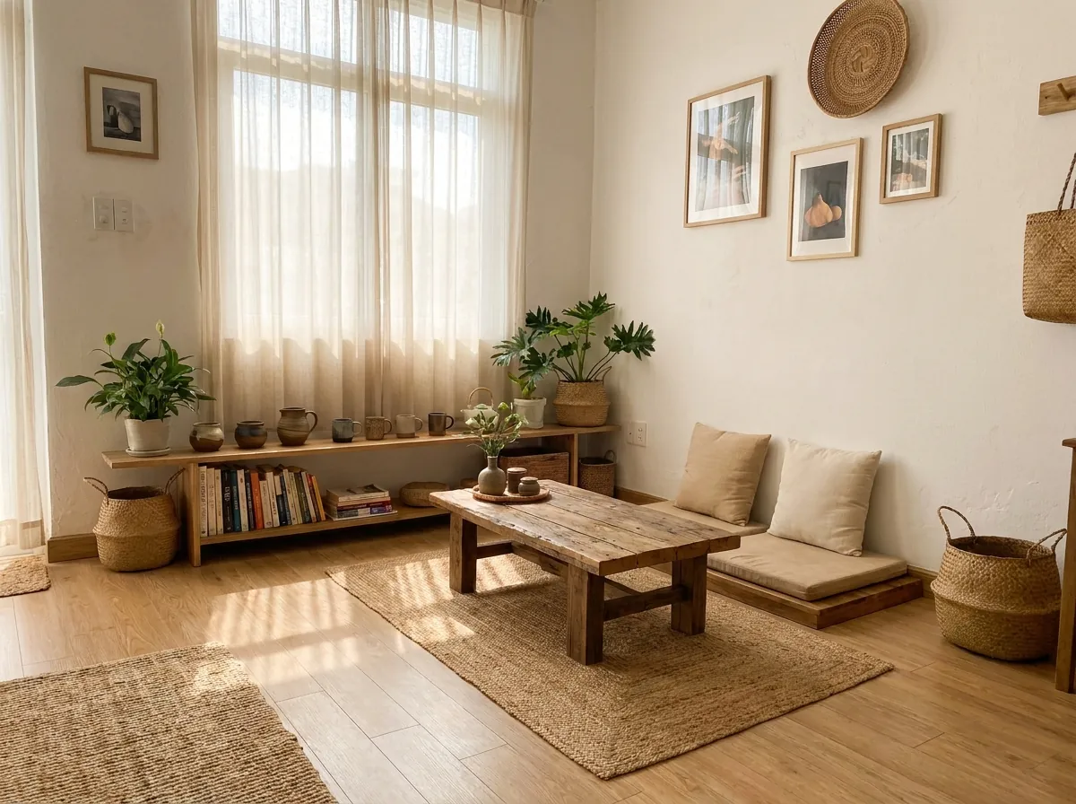 Góc phòng khách dùng bàn trà thấp, không gian phù hợp để bố trí sofa bệt
