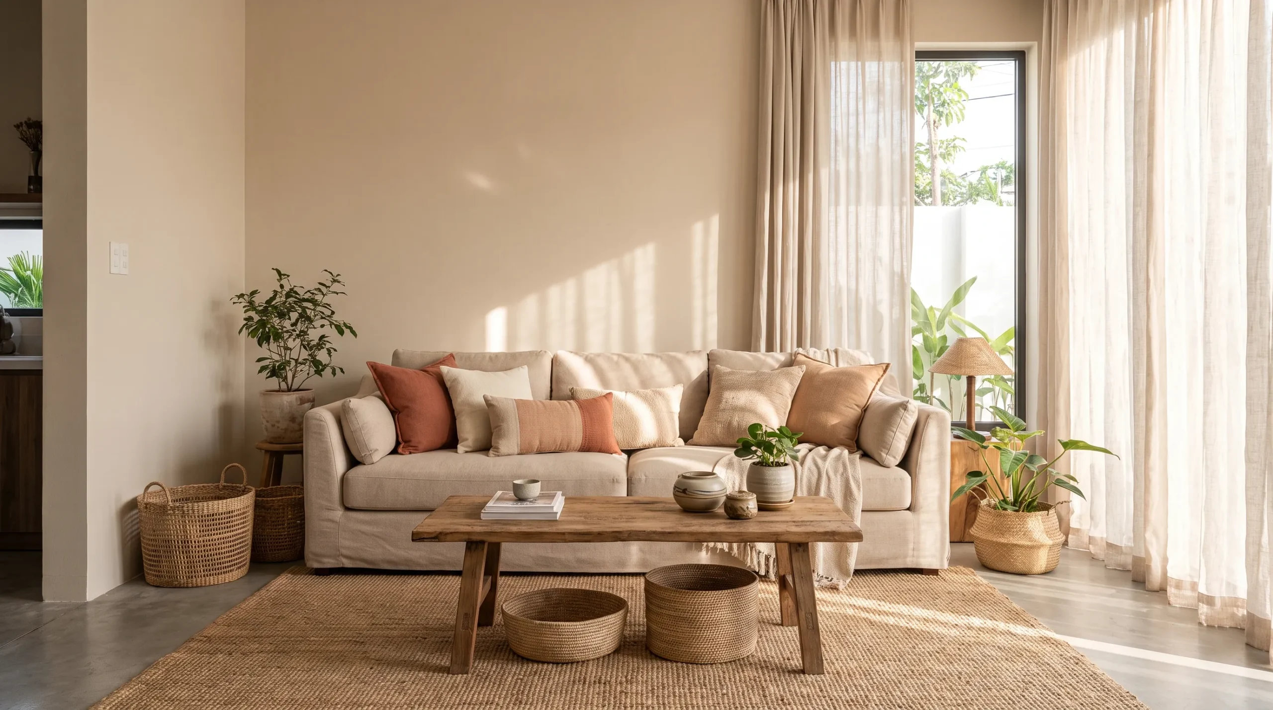 Phòng khách hiện đại với sofa được trang trí gối tựa lưng nhiều màu sắc