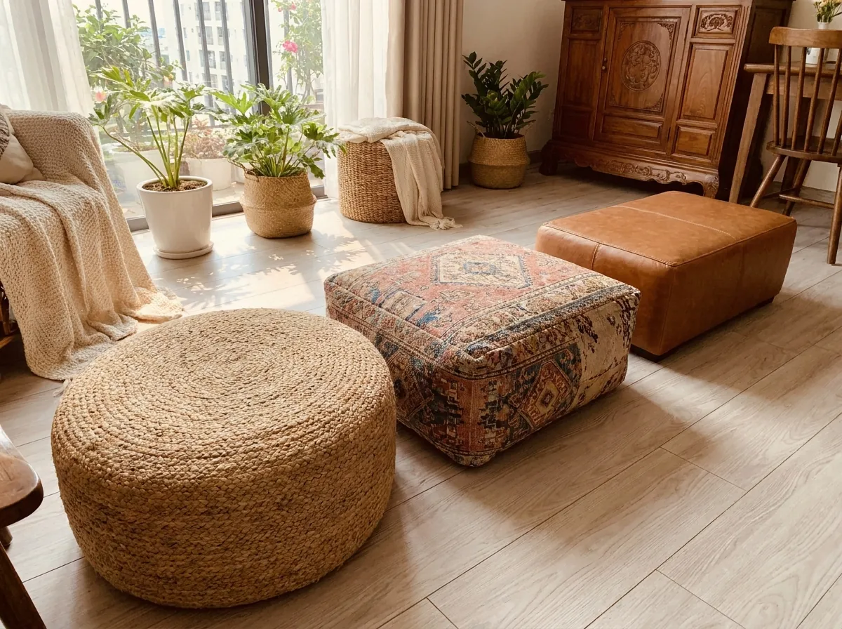 Ba dạng đôn sofa tròn, vuông và chữ nhật xếp cạnh nhau trên sàn gỗ