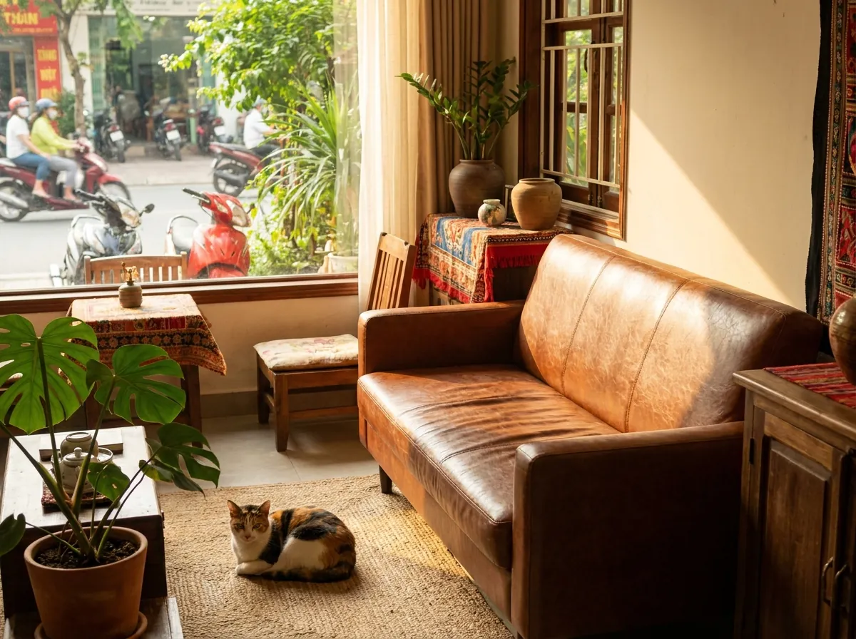 Sofa bọc da công nghiệp màu nâu trong phòng khách sáng, bề mặt nhẵn dễ lau chùi